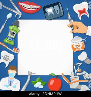 Dental Services Dentistry Hygiene banner and frame with flat icons dentist chair, braces, x-ray, cartridge syringe, implant, Dentistry tools and tooth Stock Vector