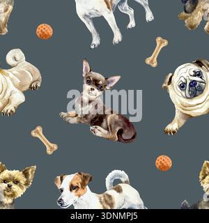 Dogs seamless pattern. Yorkshire terrier, Jack Russell, Chihuahua, pug bone, and ball. Hand drawn watercolor illustration. Vector clip art for Stock Vector