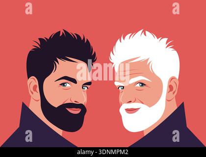 Faces of young and old bearded men in half-turns, aging process Hispanic family portrait in flat vector illustration style. Stock Vector