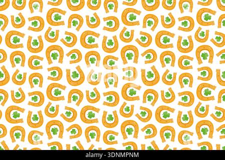 A festive seamless pattern with golden horseshoes and green clovers, a symbol of good luck in the traditional Irish holiday. Print for St. Patrick's Day designs. Luck and Irish holiday theme. Stock Vector
