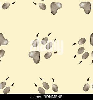 Dog seamless pattern. Dog paw prints on a beige background. Hand drawn watercolor illustration. Vector clip art for postcards, wrapping paper Stock Vector