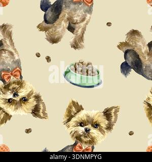 Dogs seamless pattern. Yorkshire terrier with a red bow sitting with a bowl of food. Hand drawn watercolor illustration. Vector clip art for postcards Stock Vector