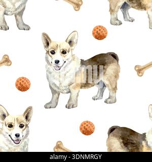 Dogs seamless pattern. Corgi standing next to a bone and a red ball. Hand drawn watercolor illustration. Vector clip art for postcards, wrapping paper Stock Vector