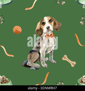 Dog seamless pattern. Beagle sitting next to a bone, ball and red ribbon. Hand drawn watercolor illustration. Vector clip art for postcards, wrapping Stock Vector