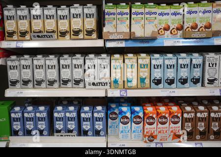 Shelves of Oatly drinks in a London supermarket. The Swedish-based drinks manufacturer Oatly has been banned from using the word "milk" to market its plant-based products, after a ruling by the UK supreme court. Picture date: Wednesday February 11, 2026. Stock Photo