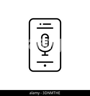black and white line art icon of mobile phone with microphone sign Stock Vector