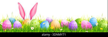 Easter background, Easter bunny banner, eggs on grass border Stock Vector