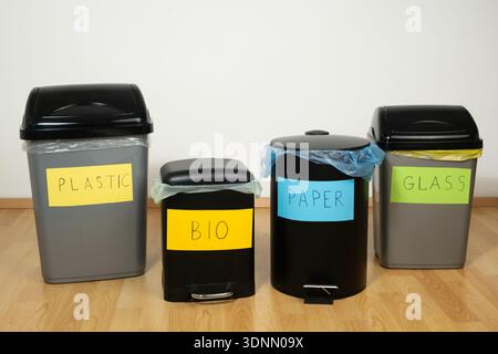 Set of Different Recycling Bins for Plastic Paper Bio Glass. Stock Photo