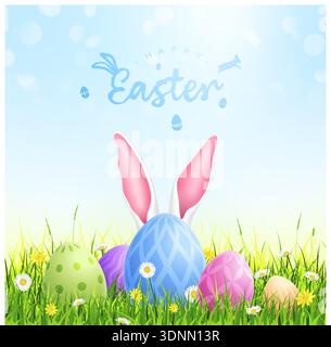 Easter card, Easter bunny poster with eggs on the grass Stock Vector