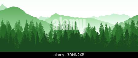Forest and mountain landscape, green vector silhouette Stock Vector