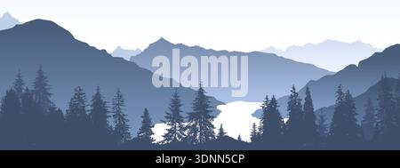 Mountain landscape, forest background with lake silhouette Stock Vector