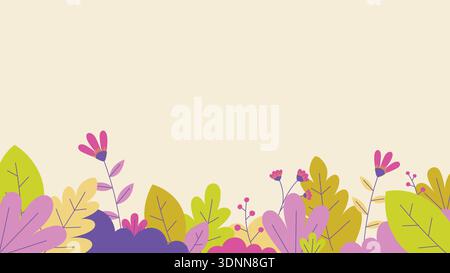 Cheerful spring themed horizontal template background with illustration of leaves and flowers on empty space backdrop for text. Stock Vector
