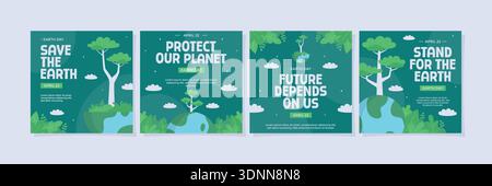 Set of Earth Day social media post design featuring stylized planet, trees, clouds, and stars on a dark green background. Ideal for nature events. Stock Vector