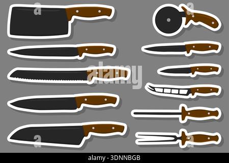 Illustration on theme big colored set different types knife different size for butcher, kit knife pattern consisting of collection accessory to butche Stock Vector