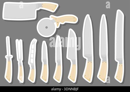 Illustration on theme big colored set different types knife different size for butcher, kit knife pattern consisting of collection accessory to butche Stock Vector