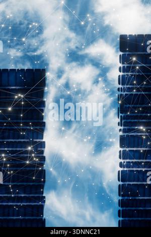 Global communication network over modern office buildings under white clouds. 3d rendering Stock Photo