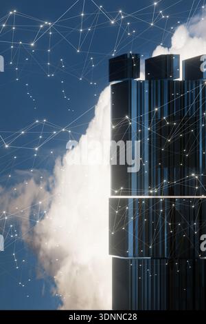 A modern skyscraper stands tall with digital network lines overlaying a cloudy blue sky. 3d rendering Stock Photo
