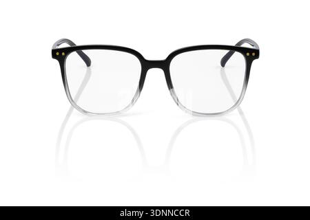 Frontal shot of modern eyeglasses featuring a black to transparent gradient frame. Stylish vision correction eyewear with a clear reflection on white Stock Photo