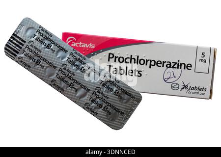 box and blister pack of Prochlorperazine tablets isolated on white background - tablets pills medication Stock Photo