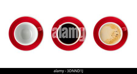 Empty , black americano and crema coffee red white cups isolated on white background. Mockup cup for drink. Set of different coffee cups. Stock Photo