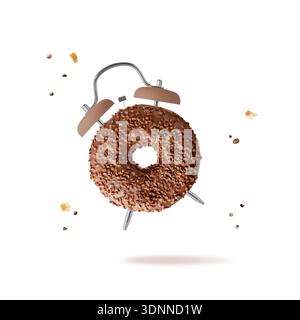 Time for snack dessert. Sweet glazed chocolate donut as alarm clock flying with crumbs isolated on white background. Pastry shop card. Stock Photo