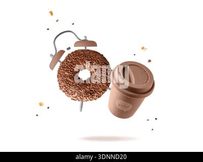Time for coffee break and snack dessert. Sweet white chocolate glazed donut as alarm clock and coffee cup togo flying with cookies crumbs isolated on Stock Photo