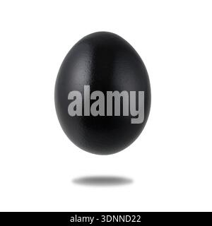 Painted in black natural easter chicken egg flying isolated on white background. One black festive egg closeup. Happy Easter spring decoration. Stock Photo