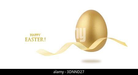 Painted in gold natural easter chicken egg with golden gift ribbon flying isolated on white background. One golden festive egg closeup. Happy Easter s Stock Photo