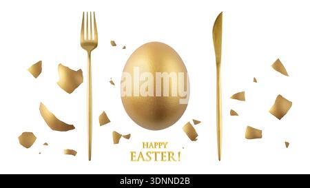 Painted in gold single natural easter chicken egg with broken shell, fork and knife flying isolated on white background. One golden festive egg closeu Stock Photo