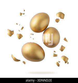 Three whole golden color natural chicken eggs with shell pieces falling flying isolated on white background. Happy easter decoration. Easter egg card Stock Photo