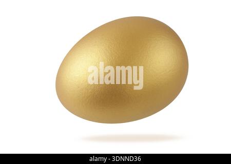 Painted in golden color natural easter chicken egg flying isolated on white background. One gold festive egg closeup. Happy Easter spring decoration. Stock Photo
