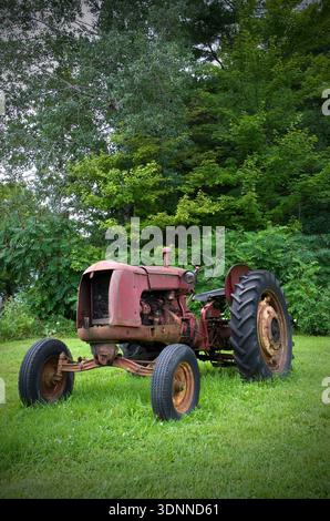 Old Vintage Red Farm Tractor in the Forest Vertical Stock Photo