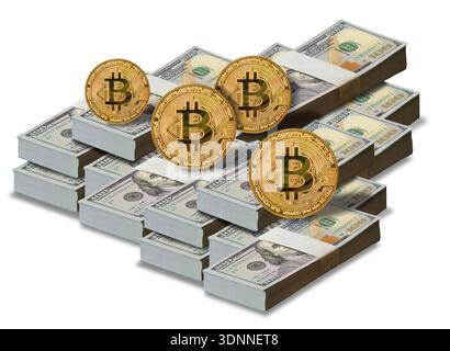Golden Bicoins with dollar bills stacked in banknote strap isolated on white background. Crypto currency concept. Copoenhagen, Denmark - February 11, Stock Photo