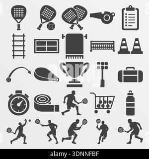 Racket Court Sport Equipment and Player Action Silhouette Vector Set Stock Vector
