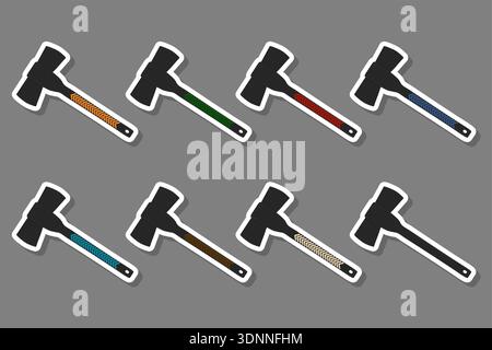Illustration on theme big kit steel axes with wooden handle, metal ax for hunting, pattern ax consisting of many different axes on grey background, fo Stock Vector