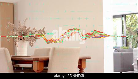 Displaying wooden dining table with four beige chairs and vase in home dining, cyan waveform ticks Stock Photo