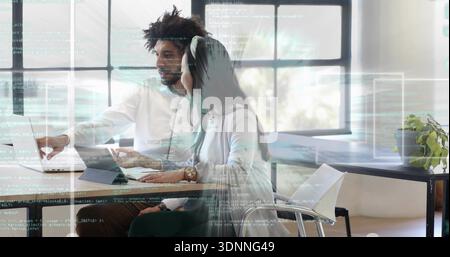 Pointing man in white shirt guiding woman using laptop and tablet at modern office, code overlay Stock Photo