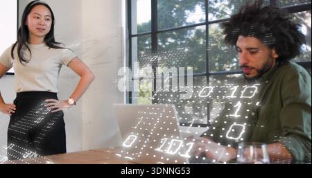 Typing man on right wearing olive-green shirt at wooden table using laptop, code overlay Stock Photo