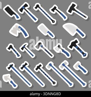 Illustration on theme big kit steel axes with wooden handle, metal ax for hunting, pattern ax consisting of many different axes on grey background, fo Stock Vector