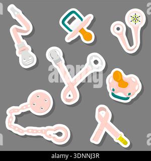 Big colored fashion baby pacifiers, dummy with rubber holder nipple, baby pacifiers consisting of collection to newborn, holder dummy nipple, dummy ni Stock Vector
