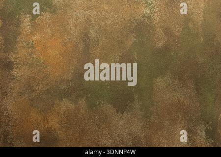 A textured surface with worn coloring appears in the frame. Ochre, green, tan, and brown shades mix to create an abstract design with a rugged feel Stock Photo