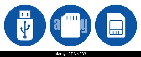 A collection of data storage devices on a blue background, showcasing USB and memory card designs. Ideal for illustrating digital technology concepts Stock Vector