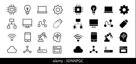 Explore a diverse collection of icons representing technology and innovation. This graphic features various symbols of digital devices, connections, a Stock Vector