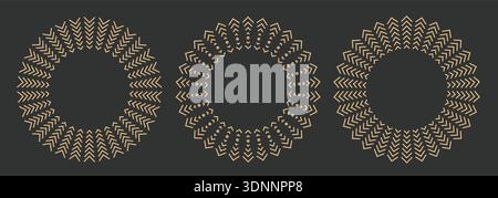 Linear boho straw design sun. Simple bohemian frames, gipsy style outline vector sunbeam, mystic magic esoteric spiritual round icons. Stock Vector