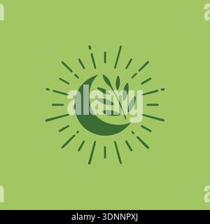 crescent moon with an olive branch inside, surrounded by radiating lines. Moon and Olive Branch Icon, Nature Symbol, Eco friendly night bed time logo Stock Vector