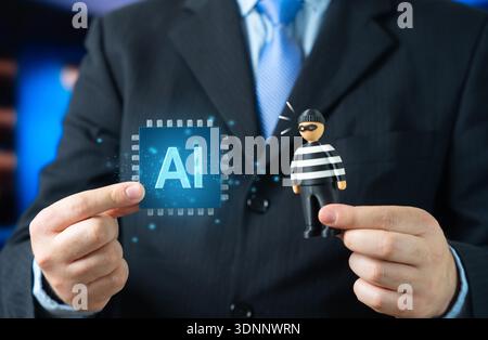 Using AI to Fight Crime. Fraudsters are using AI to deceive victims. Technology arms race pushes cyber defense, digital forensics and public awareness Stock Photo