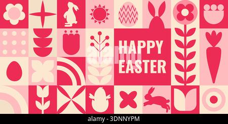 Vibrant spring pattern collage showcasing playful bunny silhouettes and decorative eggs, stylized carrots and flowers, bold pink and coral blocks, hig Stock Vector