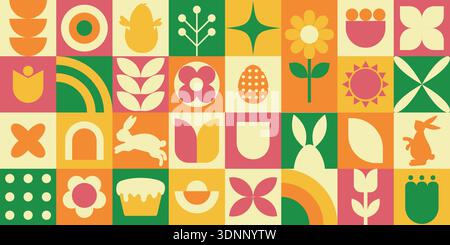 Bright pastel floral tile collage evoking playful retro spring mood with bunny and egg icons, bold geometric shapes, warm yellow and green palette, te Stock Vector