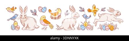 Hand-drawn Easter set in minimalist sketch style. Vector collection featuring cute rabbits, decorated eggs, spring birds and floral elements. Elegant Stock Vector