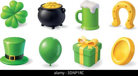 St. Patricks Day set with shamrock, gold pot, beer mug, horseshoe, green hat, balloon, gift box, and gold coin Stock Vector